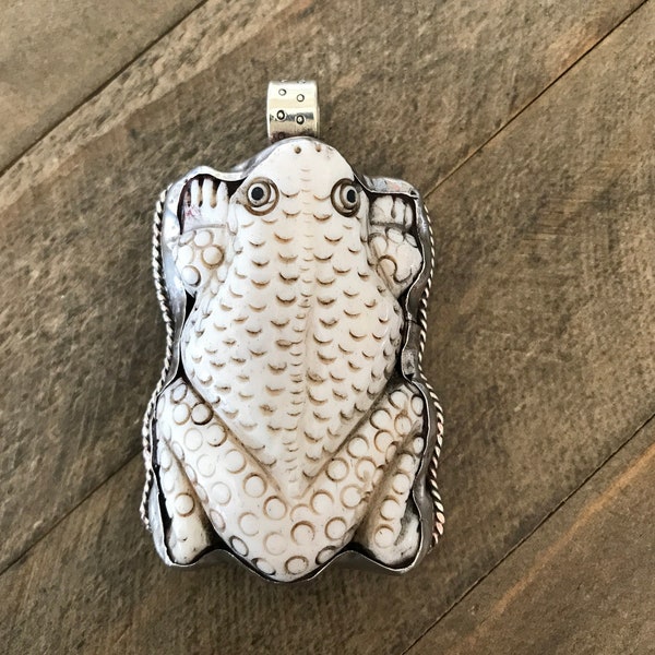 Large bone frog pendant, handcrafted, Nepalese, Tibetan repousse silver, Himalayan