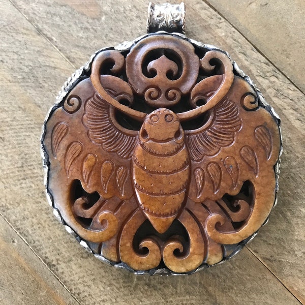 Large jade carved butterfly pendant, handcrafted, Nepalese, Tibetan repousse silver, 83X73 mm