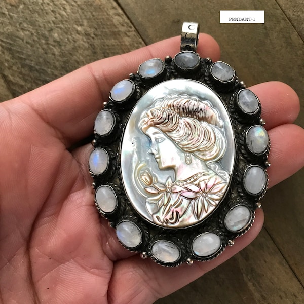Lady cameo mother of pearl  pendant set with moonstone, handcrafted, Nepalese, Tibetan repousse silver, 71X40 mm