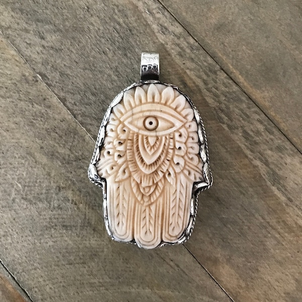 Bone carved hamsa pendant,  handcrafted, Tibetan repousse silver, Himalayan pendant, protection hand, evil eye, 63X39 mm