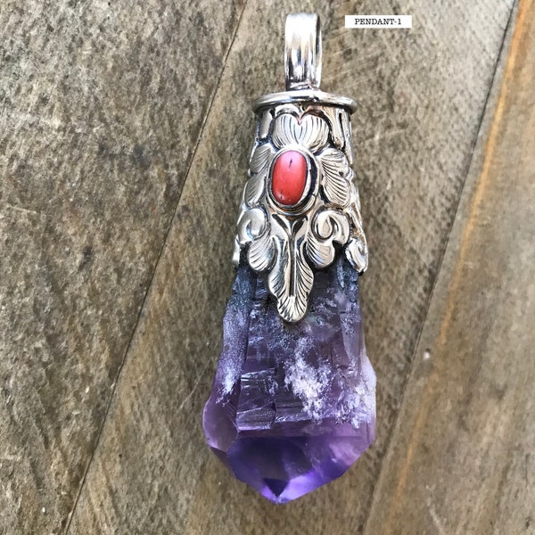 Rough raw amethyst pendant set with red coral, handcrafted, Nepalese, Tibetan repousse silver