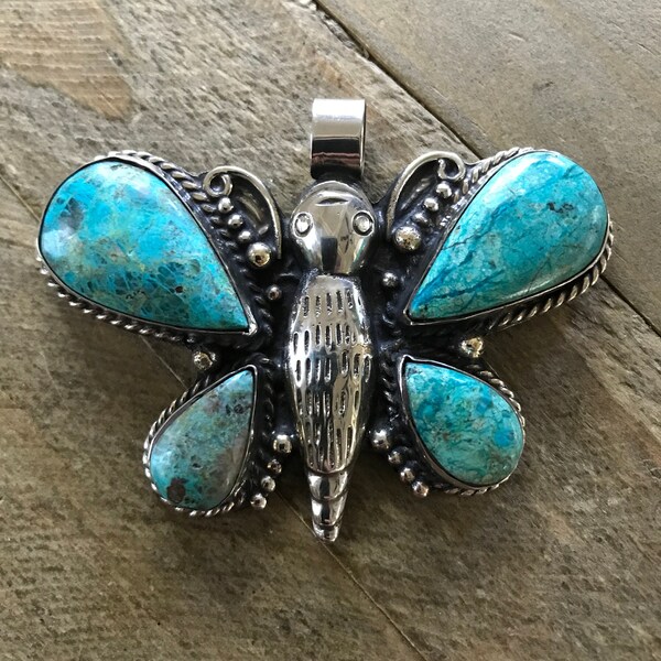 Butterfly pendant set with chrysocolla, handcrafted, Nepalese, Tibetan repousse silver, Himalayan, 55X73 mm