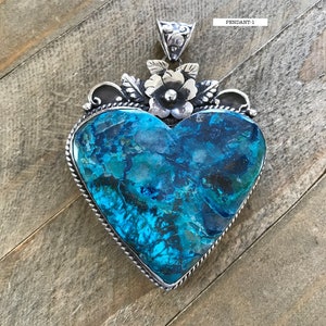 Large chrysocolla heart pendant, handcrafted, Nepalese, Tibetan repousse silver