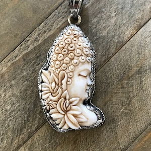 Bone carved buddha pendant, handcrafted, Nepalese, Tibetan repousse silver, Himalayan, 87X36 mm