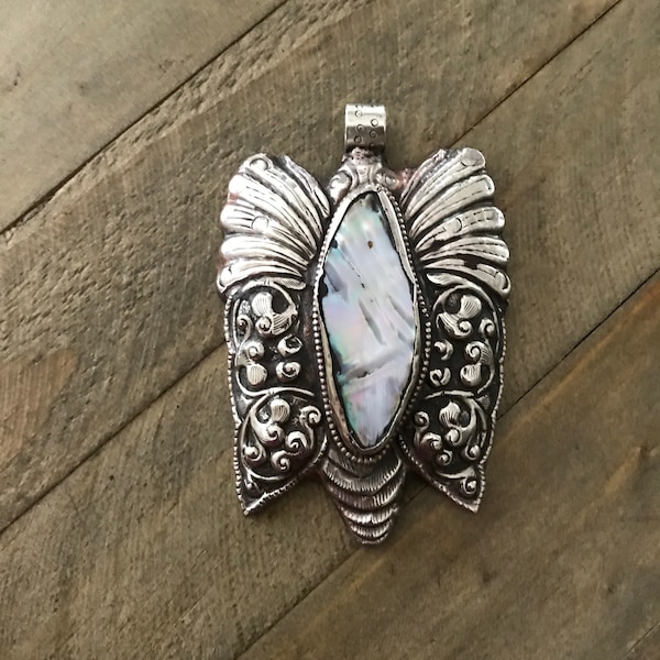 Large butterfly pendant set with mother of pearl, handcrafted, Nepalese, Himalayan, Tibetan repousse silver, 88X56 mm