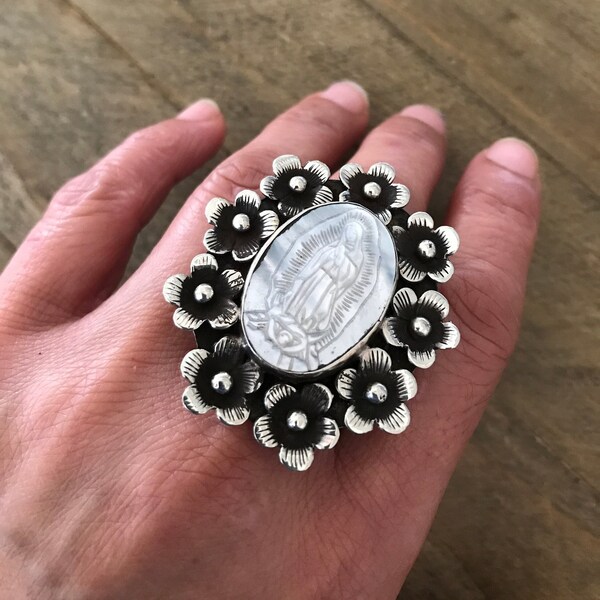 Mother of pearl Virgin Mary floral ring, handcrafted, Nepalese, Tibetan repousse silver