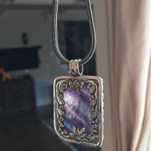 Fluorite pendant, handcrafted, Nepalese, Tibetan repousse silver, 59X36 mm image 11