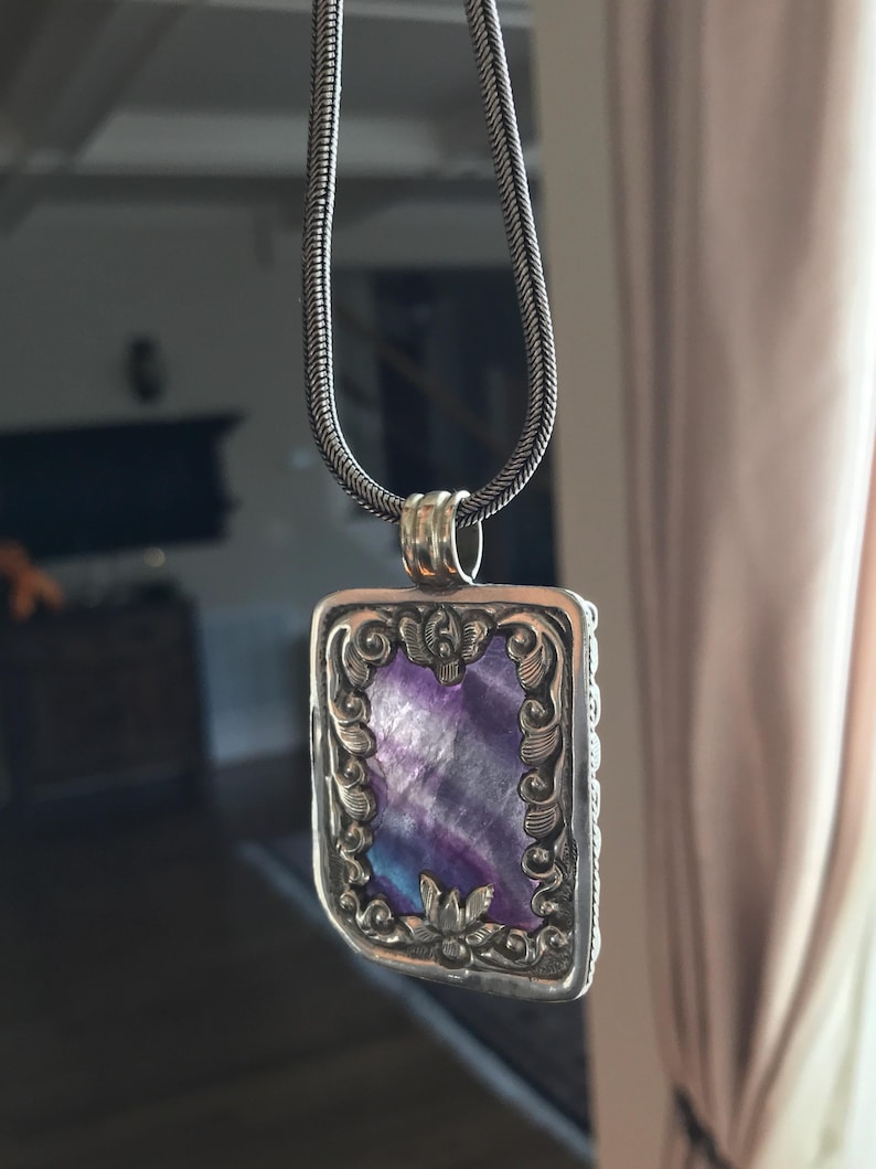 Fluorite pendant, handcrafted, Nepalese, Tibetan repousse silver, 59X36 mm image 11