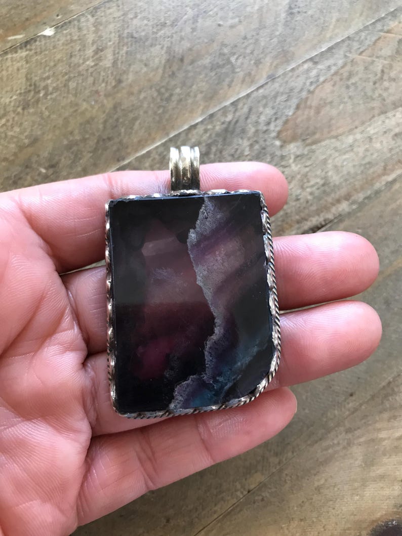 Fluorite pendant, handcrafted, Nepalese, Tibetan repousse silver, 59X36 mm image 14