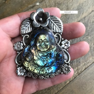 Labradorite carved happy buddha pendant, handcrafted, Nepalese, Tibetan repousse silver, Himalayan, 61X49mm