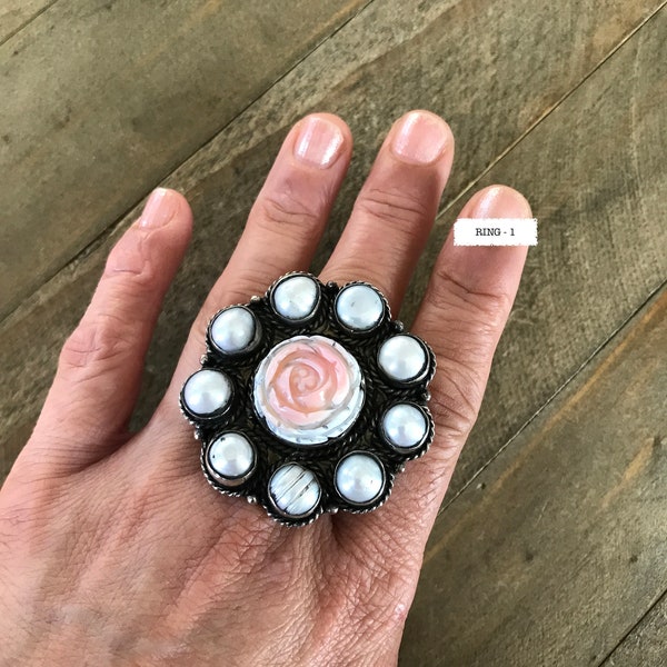 Shell rose ring set with pearls, handcrafted, Nepalese, Tibetan repousse silver