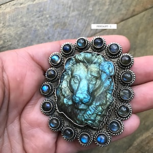 Labradorite carved lion pendant set with labradorite, handcrafted, Nepalese, Tibetan repousse silver, 58X51 mm
