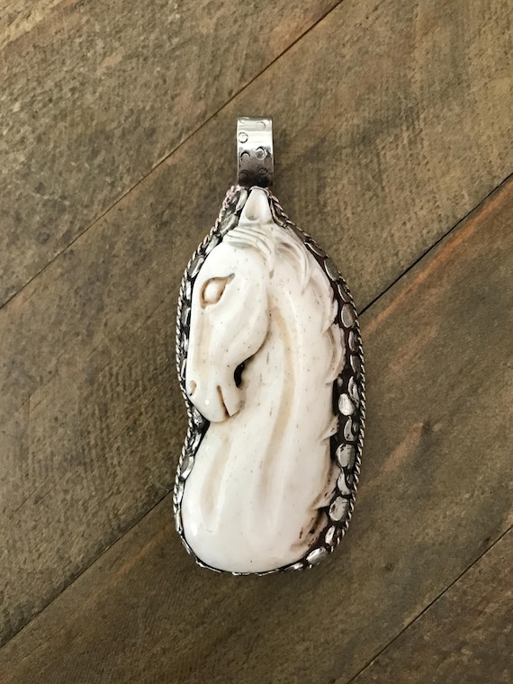 Bone horse pendant, handcrafted, Nepalese, Tibetan repousse silver, 82X35 mm
