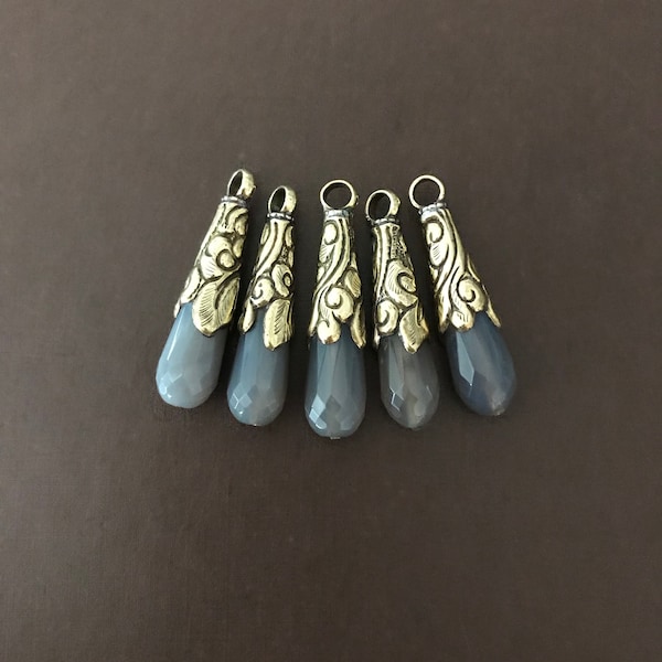 Faceted grey agate long teardrop pendants set in floral brass caps, handcrafted , Nepalese