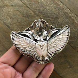 Bone carved owl pendant, handcrafted, Tibetan repousse silver, 57X79 mm