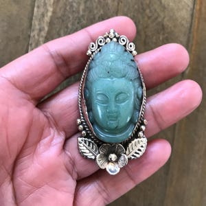 Amazonite  buddha face pendant, handcrafted, Tibetan repousse  silver, 59X28 mm