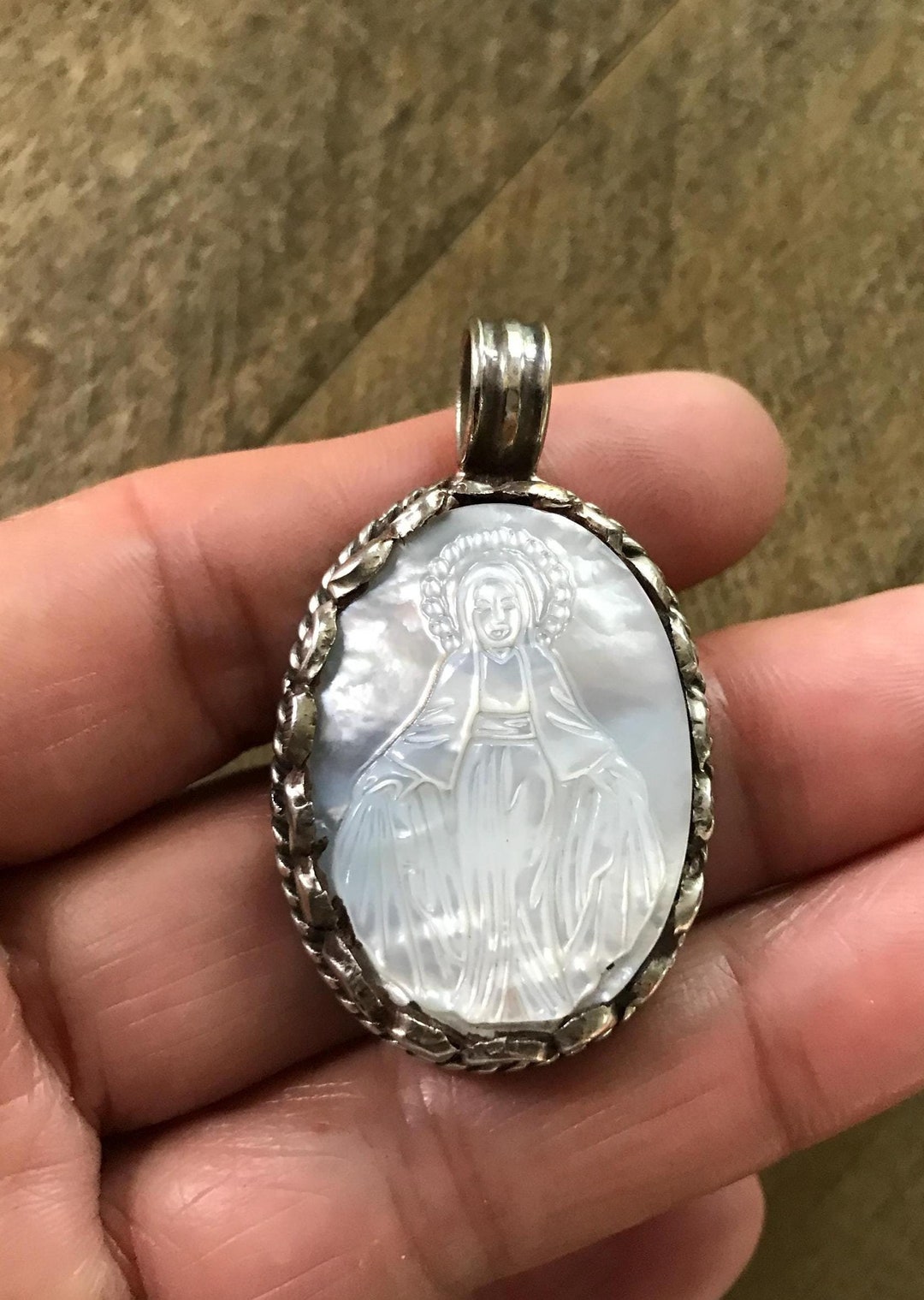 Mother of Pearl Carved Mother Mary Pendant, Handcrafted, Nepalese