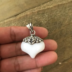 White agate heart pendant, handcrafted, Nepalese, Tibetan repousse silver, 38X25 mm