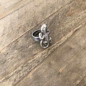 May include: A silver ring with a lizard design. The lizard is facing forward with its mouth open and its eyes closed. The ring is made of metal and has a smooth finish.