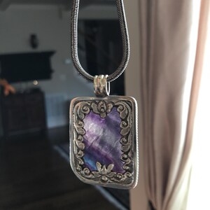 Fluorite pendant, handcrafted, Nepalese, Tibetan repousse silver, 59X36 mm image 12