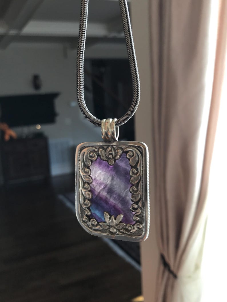 Fluorite pendant, handcrafted, Nepalese, Tibetan repousse silver, 59X36 mm image 12