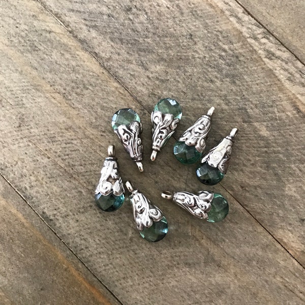 Listing for 1 charm, faceted green quartz charm, handcrafted, Nepalese, Tibetan repousse silver, Himalayan, 21X9 mm