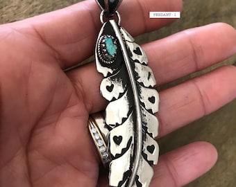 Feather pendant set with turquoise, handcrafted, Nepalese, Tibetan repousse silver, 81X20 mm