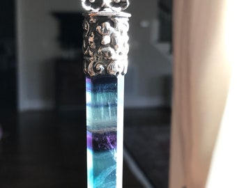 Rainbow fluorite point pendant, handcrafted, Nepalese, Tibetan repousse silver, 101X16 mm