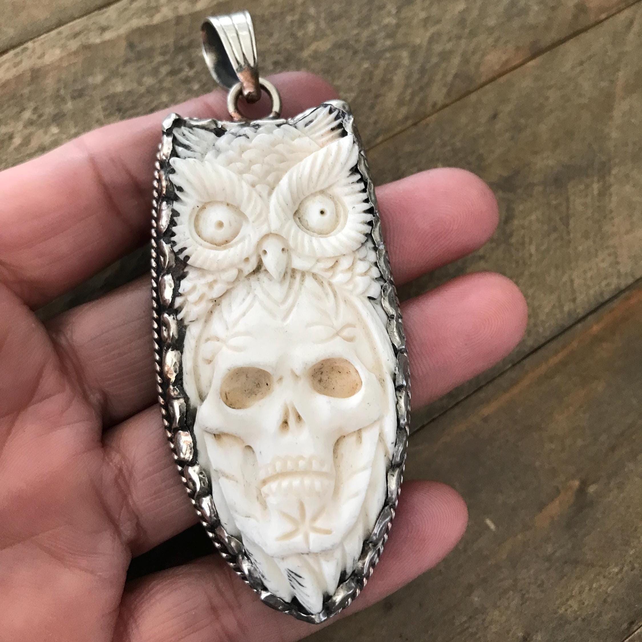 Bone carved skull with owl pendant, handcrafted, Tibetan repousse silver, 89X36 mm