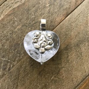 Crystal quartz heart pendant, handcrafted, Tibetan repousse silver, 36X28 mm