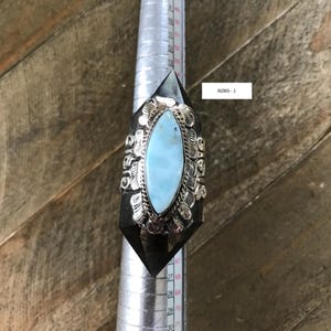 Double point smoky quartz ring set with Larimar, handcrafted, Tibetan repousse silver, 57X23 mm