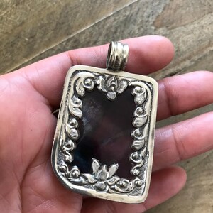 Fluorite pendant, handcrafted, Nepalese, Tibetan repousse silver, 59X36 mm image 15