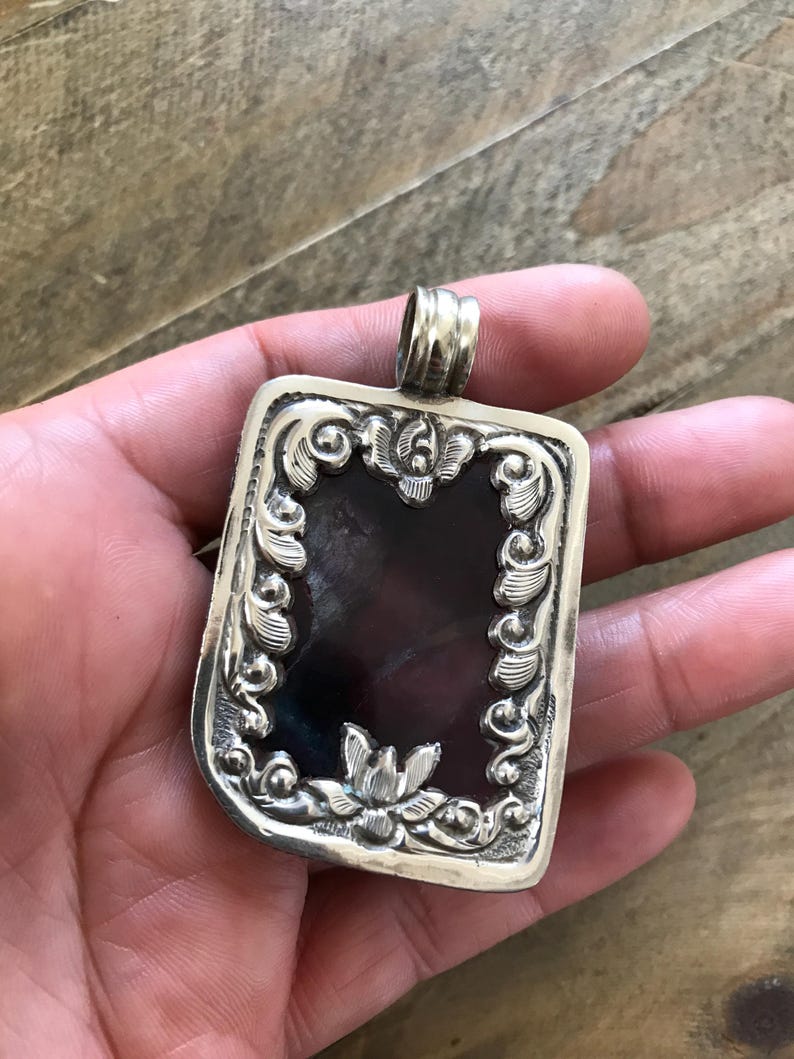 Fluorite pendant, handcrafted, Nepalese, Tibetan repousse silver, 59X36 mm image 15