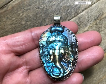 Labradorite carved Ganesh pendant, handcrafted, Nepalese, Tibetan repousse silver, 54X32 mm