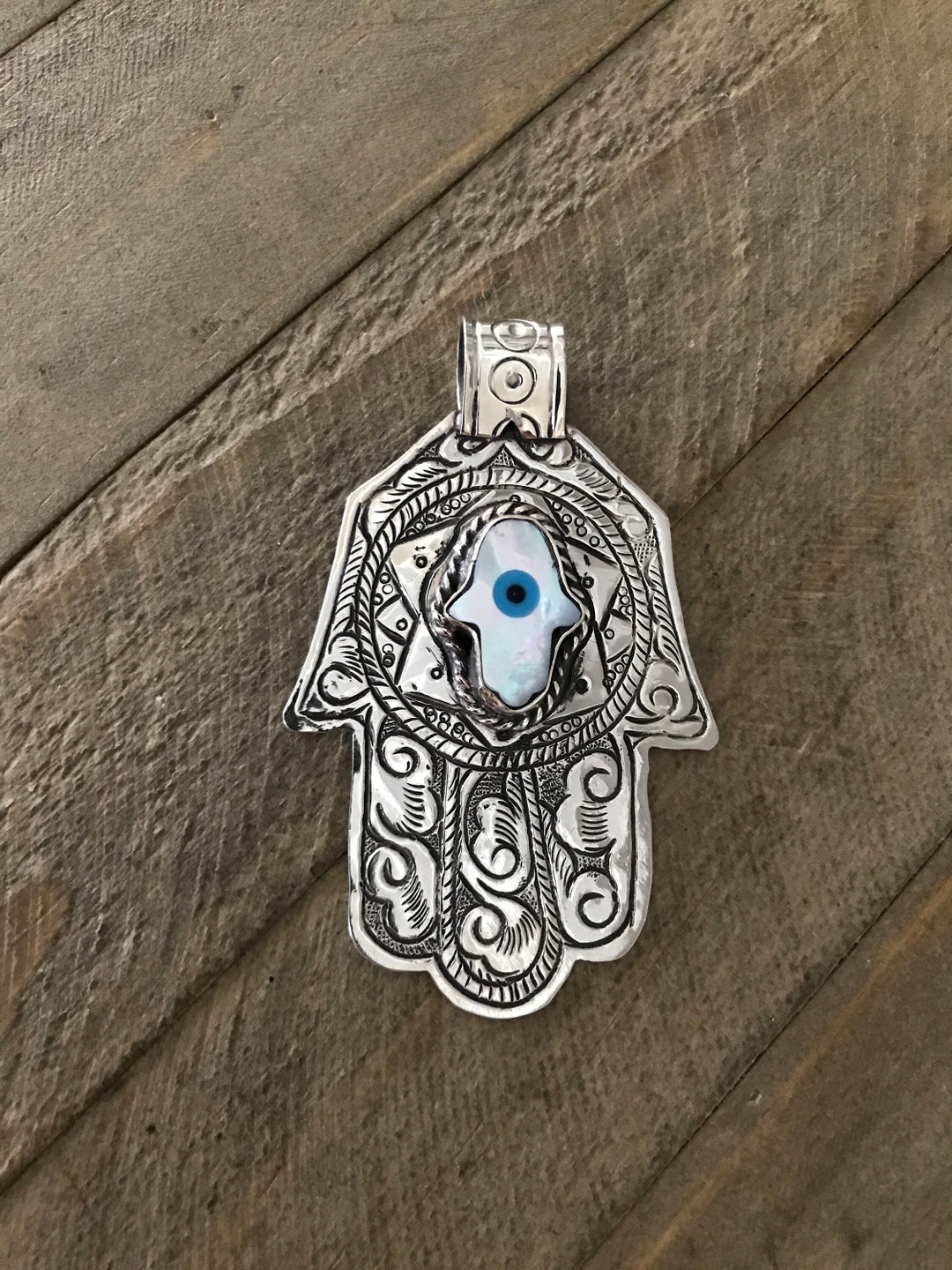 Repousse Tibetan Silver Hamsa Pendant With Mother of Pearl