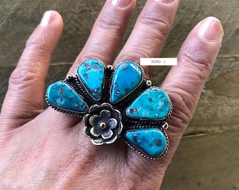Handcrafted natural turquoise ring, Tibetan repousse silver, 38X62 mm