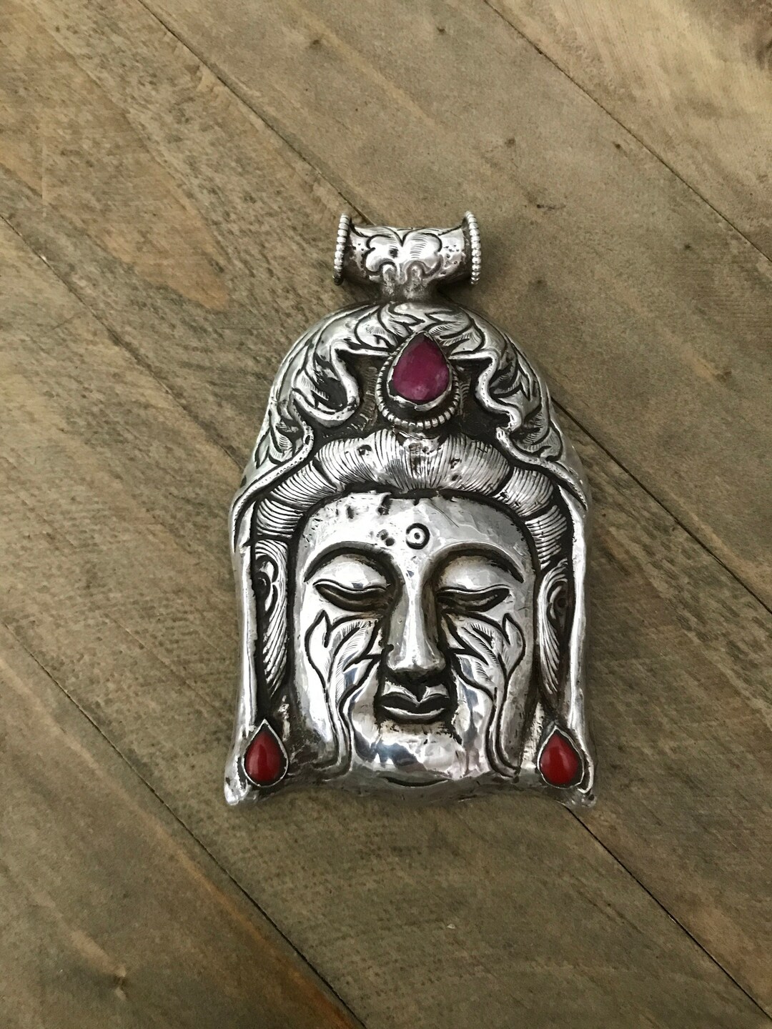 Large Buddha Pendant in Sterling Silver Set With Raw Ruby and Etsy