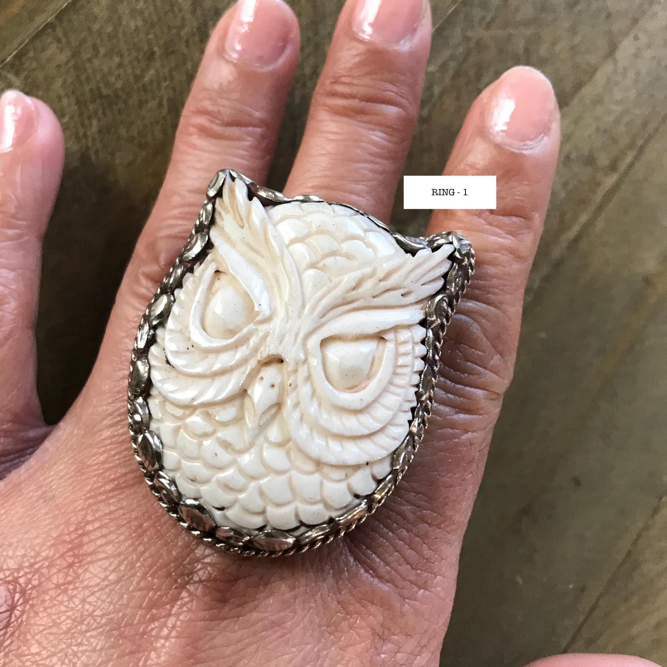 Bone owl face ring, handcrafted, Nepalese, Tibetan repousse silver, 46X38 mm