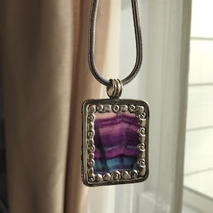 Fluorite pendant, handcrafted, Nepalese, Tibetan repousse silver, 59X36 mm image 9