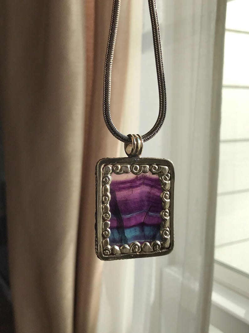 Fluorite pendant, handcrafted, Nepalese, Tibetan repousse silver, 59X36 mm image 9