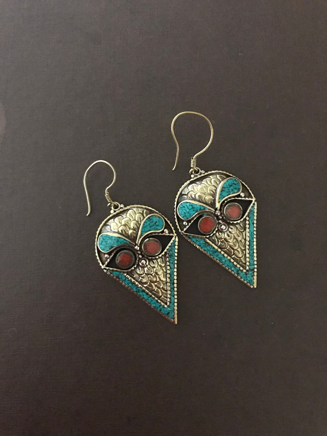 Brass Dangle Earrings Set With Turquoise and Coral, Handcrafted