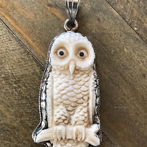 May include: A carved ivory-colored owl pendant with a silver-tone bail. The owl is perched on a branch and has dark eyes. The pendant has a detailed, textured surface and is set against a wooden background.