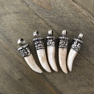 Bone tooth pendant, handcrafted, Nepalese, Tibetan repousse silver, Himalayan, 49X11 mm