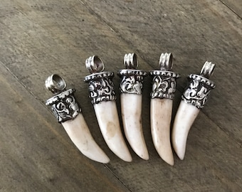 Bone tooth pendant, handcrafted, Nepalese, Tibetan repousse silver, Himalayan, 49X11 mm