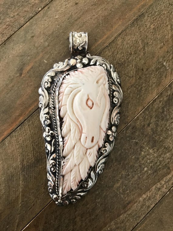 Large bone carved horse pendant, handcrafted, Tibetan repousse silver, 111X56 mm