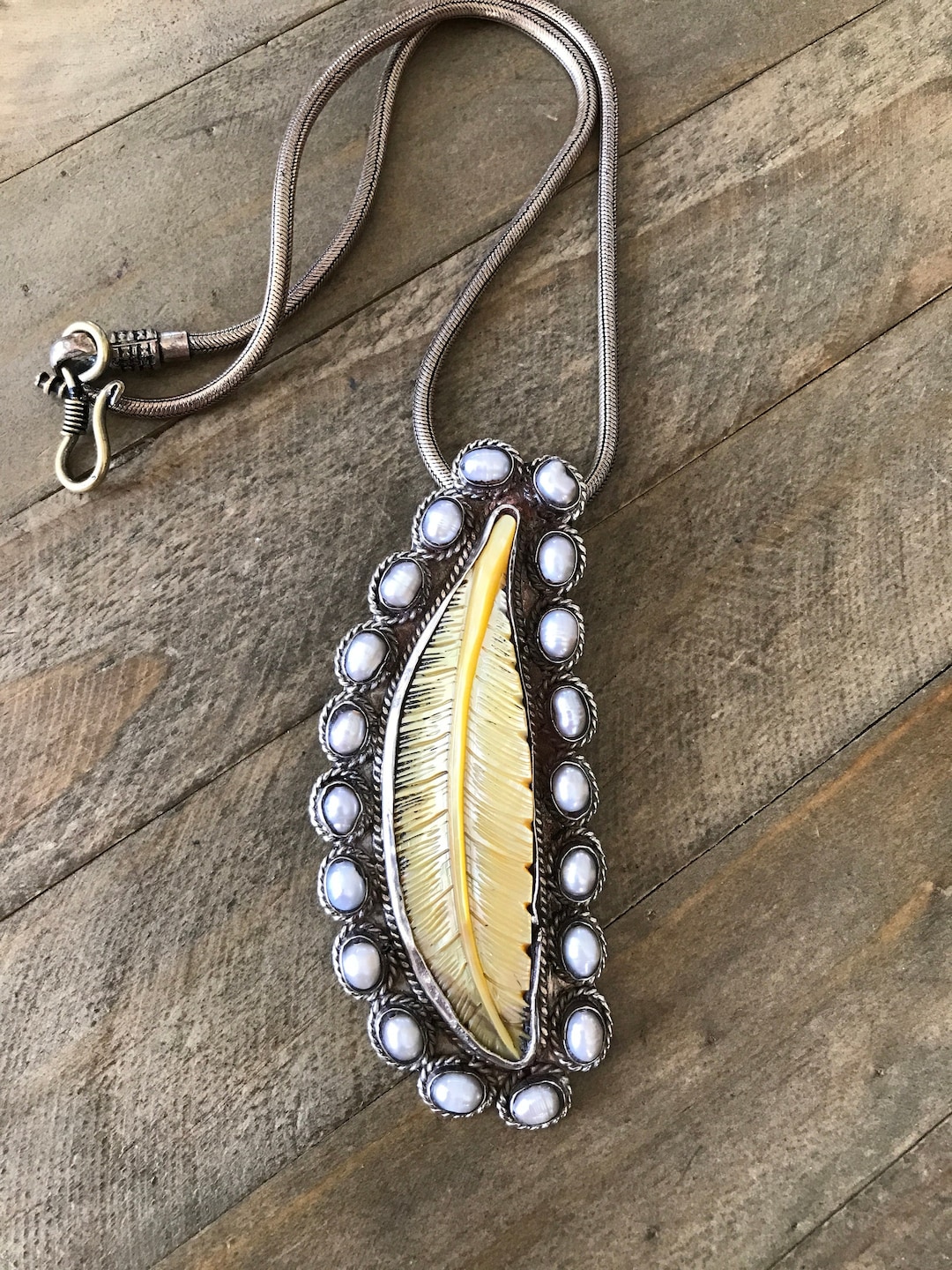 Mother of Pearl Feather Pendant: Freshwater Pearls, Tibetan Silver