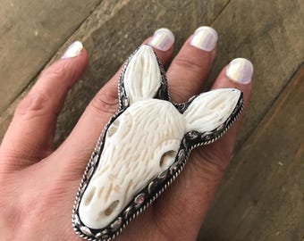 Bone carved donkey face ring, handcrafted, Tibetan repousse silver, 67X30 mm