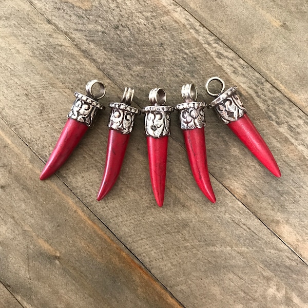 Red magnesite tooth pendant, handcrafted, Nepalese, Tibetan repousse silver, 51X12 mm