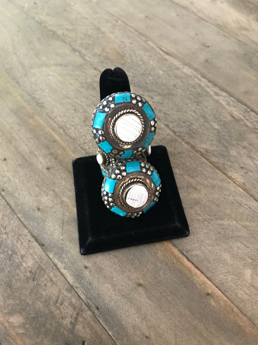 Large Brass Ring Set With Shell and Inlaid Turquoise Etsy