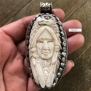 Bone Carved American Indian Eagle Pendant: Tibetan Silver, 82x41mm